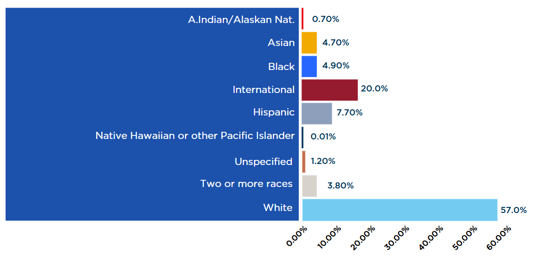 Graduate Enrollment by Race / Ethnicity Bar Chart: 0.7% American Indian / Alaskan Native, 4.7% Asian, 4.9% Black, 20% International, 7.7% Hispanic, 0.01% Native Hawaiian or other Pacific Islander, 1.2% Unspecified, 3.8% Two or more races, 57% White