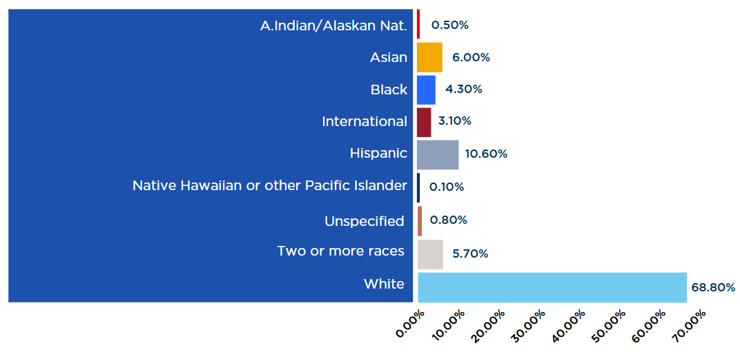 Undergraduate Enrollment by Race / Ethnicity Bar Chart: 0.5% American Indian / Alaskan Native, 6% Asian, 4.3% Black, 3.1% International, 10.6% Hispanic, 0.1% Native Hawaiian or other Pacific Islander, 0.8% Unspecified, 5.7% Two or more races, 68.8% White